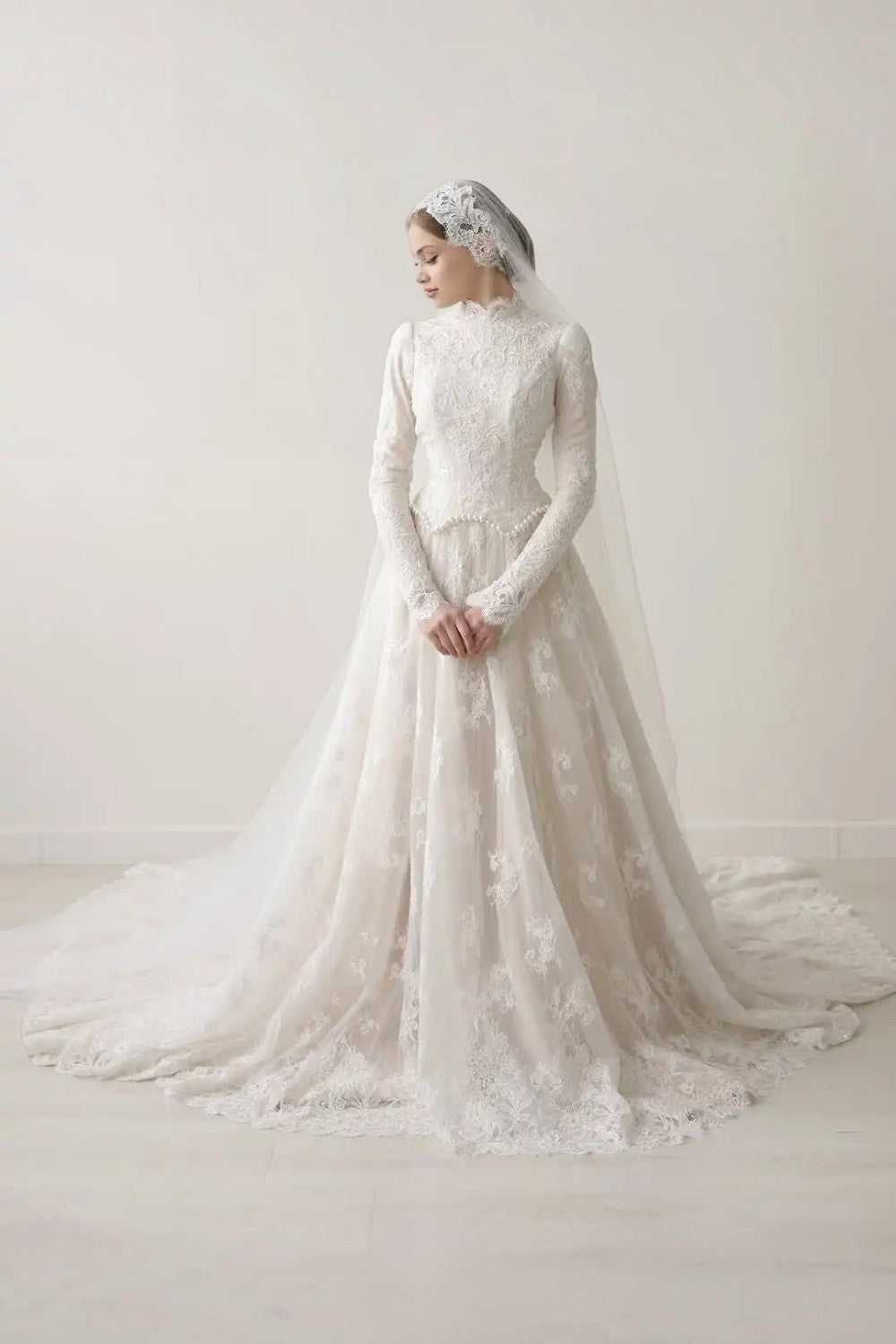 Modest Wedding Dress High Collar Long Sleeve Lace A Line Bridal Gown