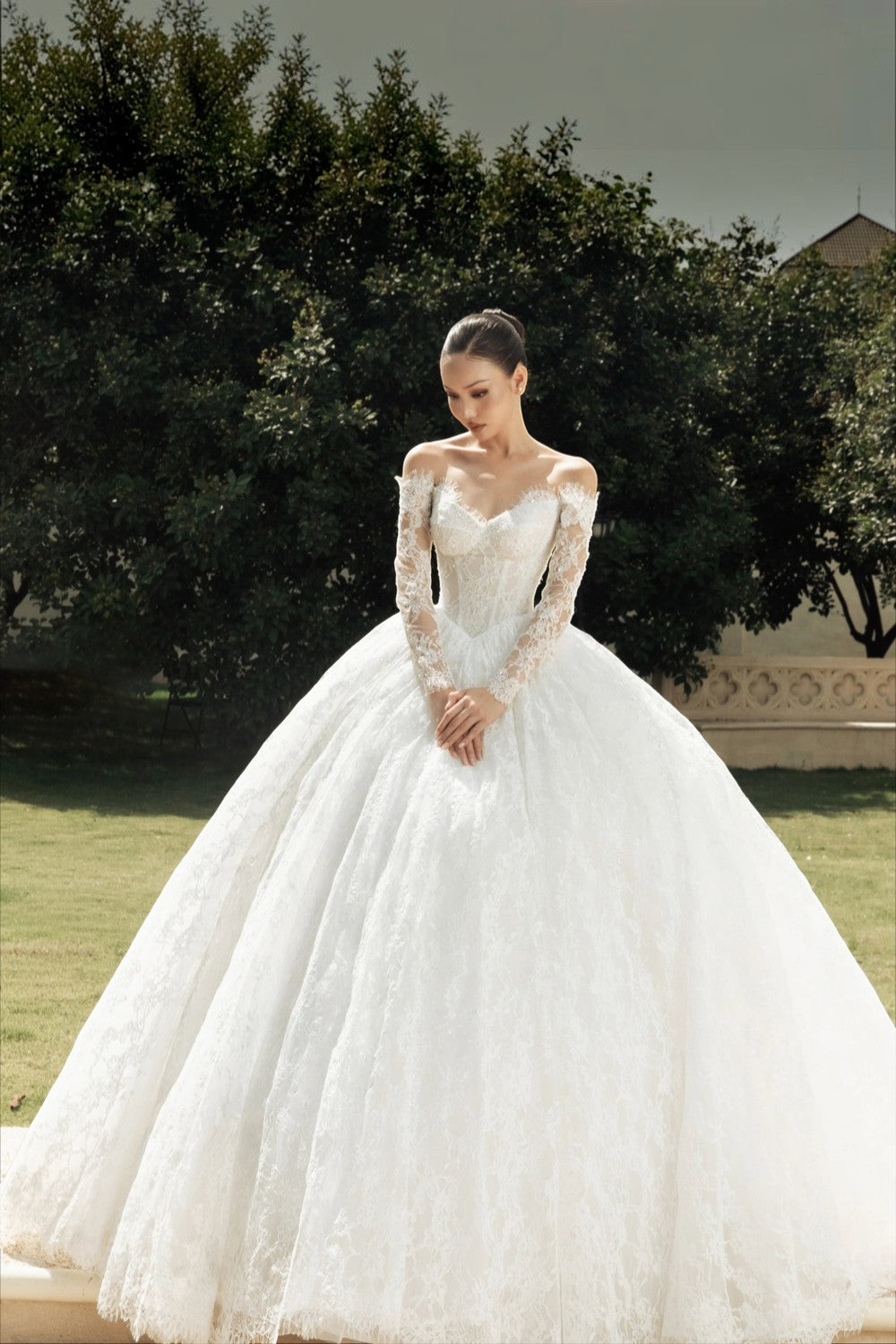 Lace Wedding Dress Off Shoulder Long Sleeve A Line Princess Bridal Gown