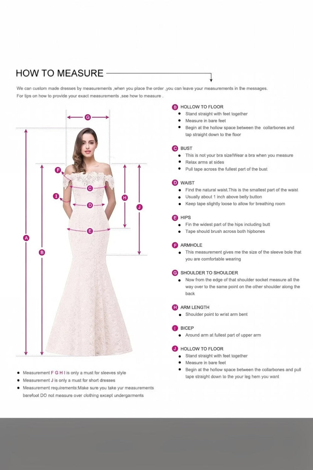TheBlissWedding bridal gown measurement guide featuring a model in a white lace off-shoulder wedding dress
