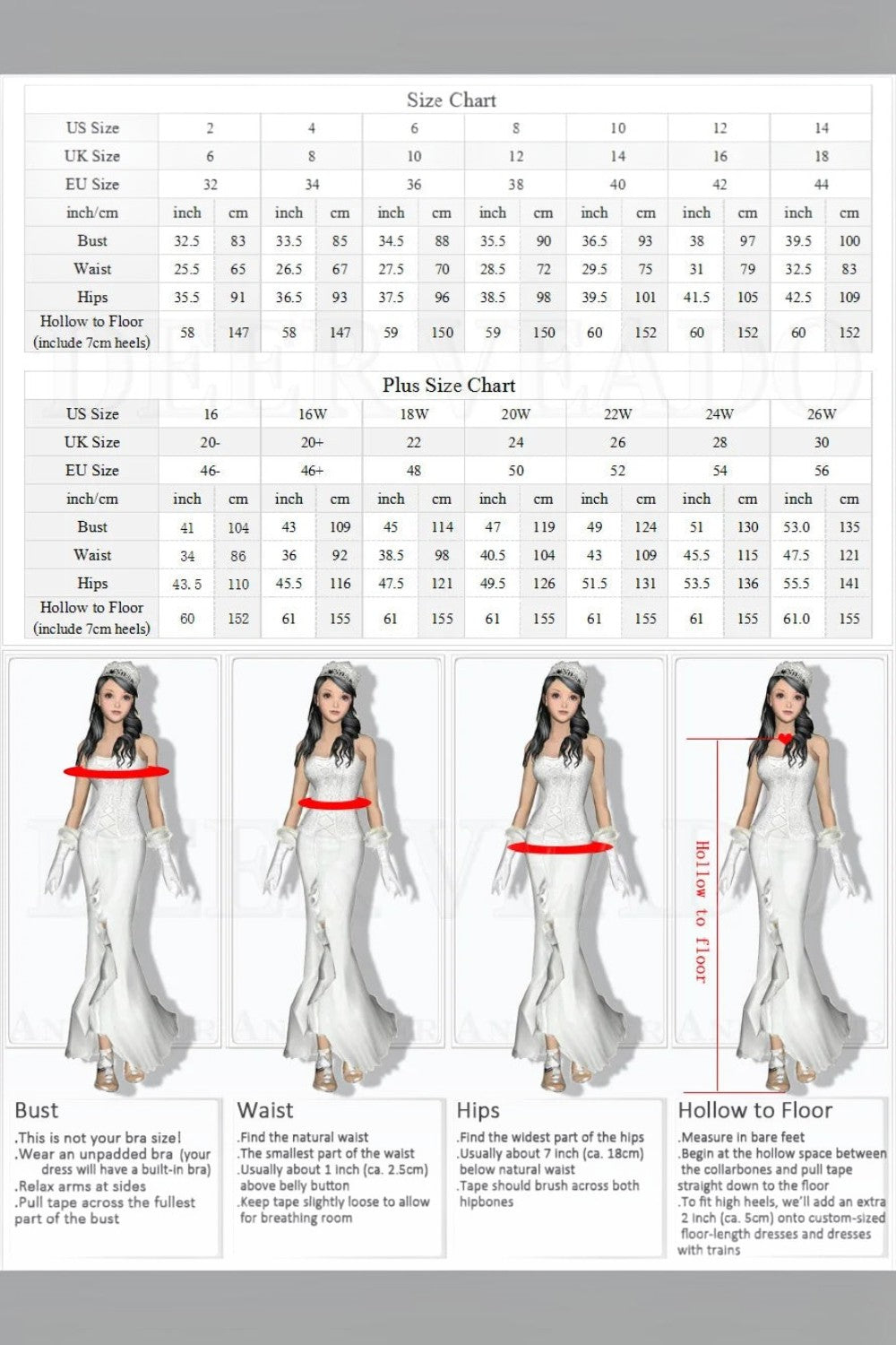 TheBlissWedding modest bridal gown size chart showing measurements for bust, waist, hips, and hollow to floor length