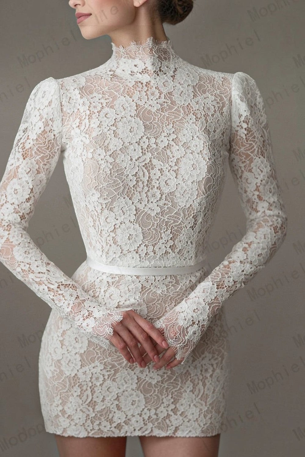 TheBlissWedding mermaid bridal gown featuring a high neck, long lace sleeves, and intricate floral lace detailing.