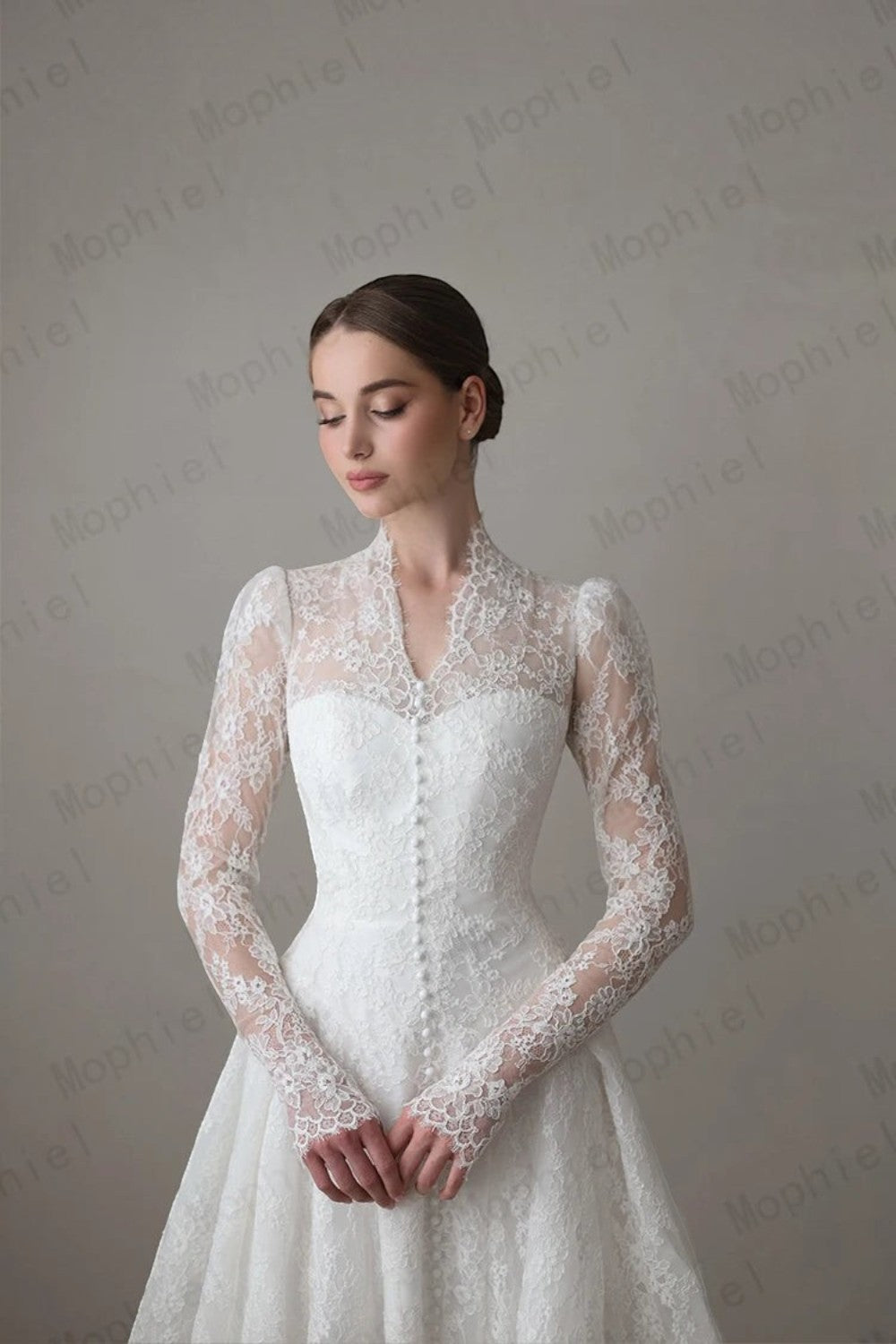 TheBlissWedding lace wedding dress with high collar, long illusion sleeves, and elegant A-line silhouette.