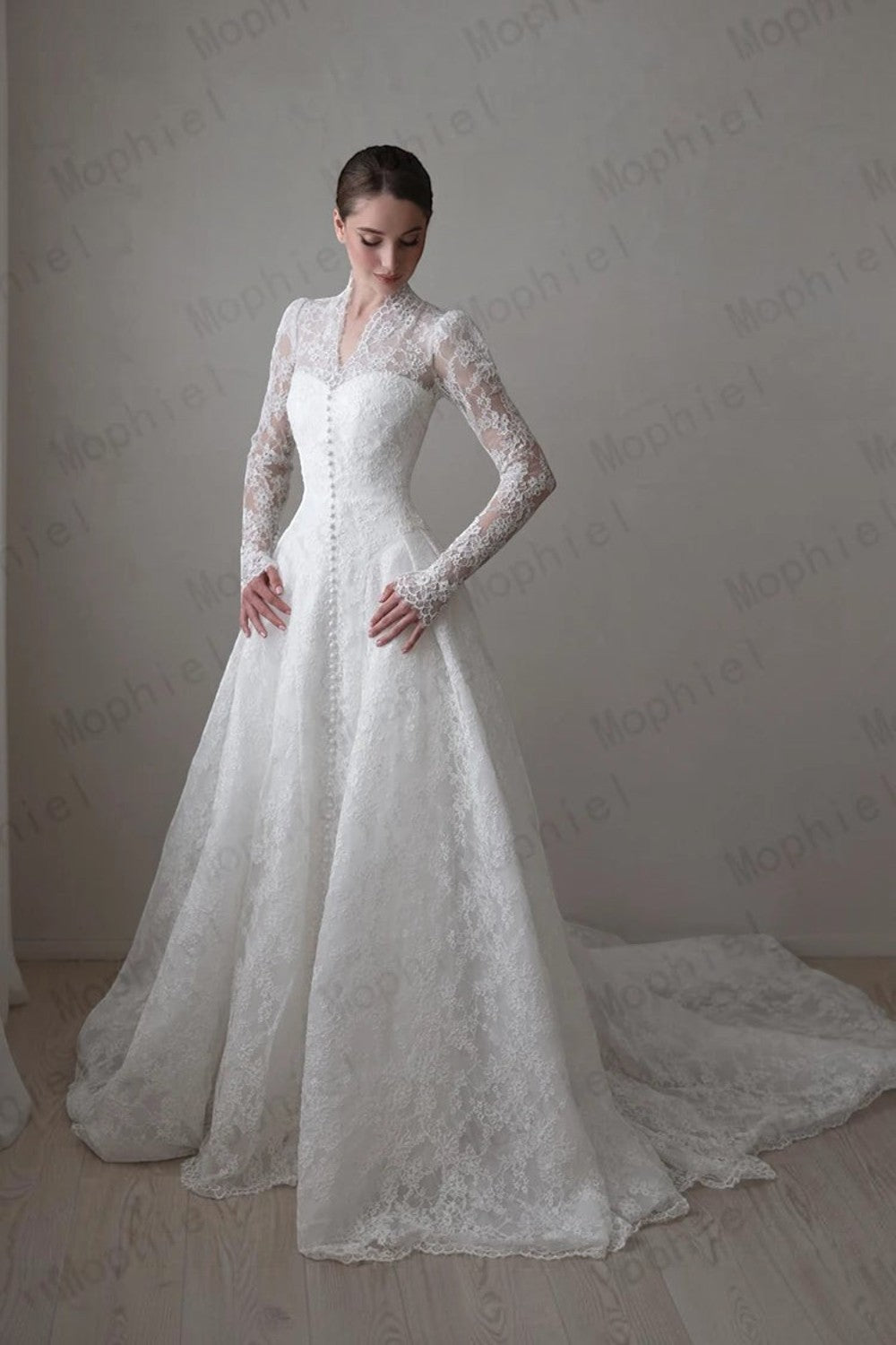 TheBlissWedding lace A-line bridal gown with high collar, long illusion sleeves, and a graceful sweep train.