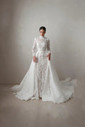 TheBlissWedding white lace mermaid wedding dress with a high neck, long sleeves, and a dramatic detachable train.