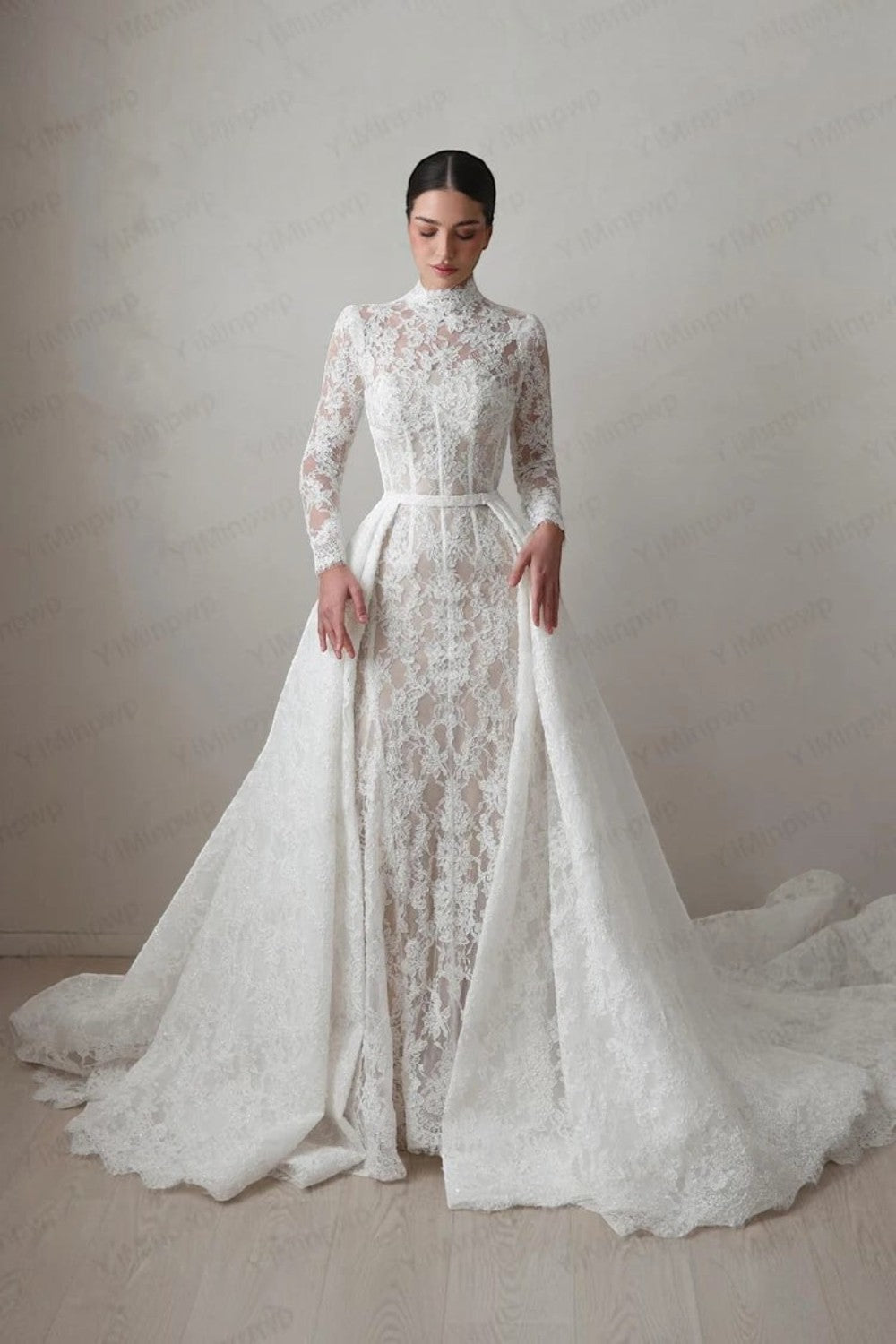 TheBlissWedding white lace mermaid wedding dress with high neck, long sleeves, and a dramatic detachable train.