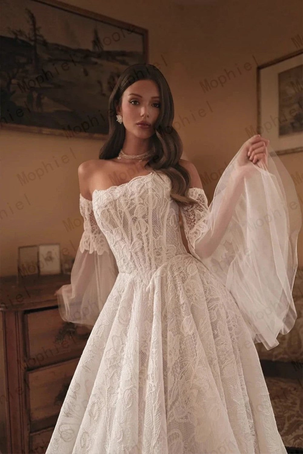 TheBlissWedding off shoulder lace A-line bridal gown with detachable flare sleeves and a romantic floor-length skirt.