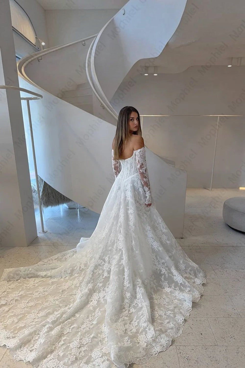 TheBlissWedding white off shoulder A-line wedding dress with long lace sleeves and a graceful sweep train