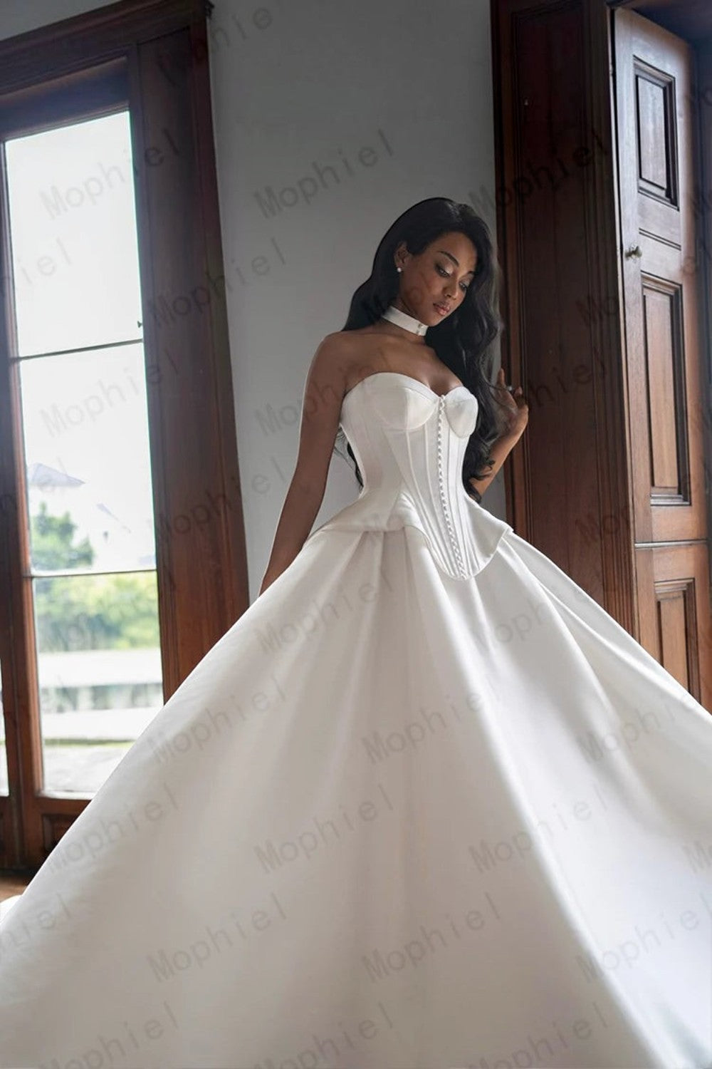 TheBlissWedding white satin A-line wedding dress with a sweetheart neckline, corset bodice, and elegant floor-length skirt.