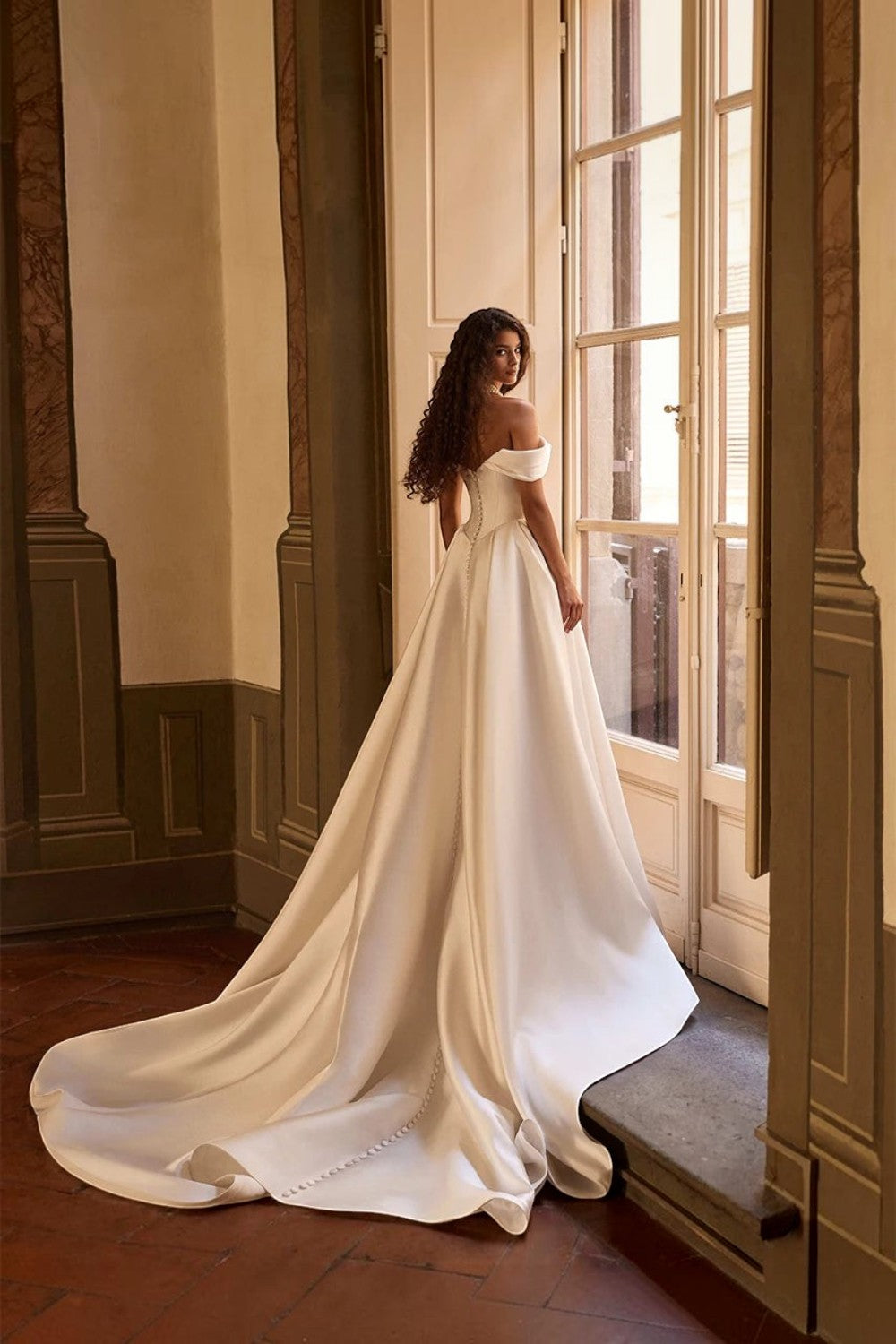 TheBlissWedding white satin princess wedding dress with off-shoulder sweetheart neckline and elegant sweep train.