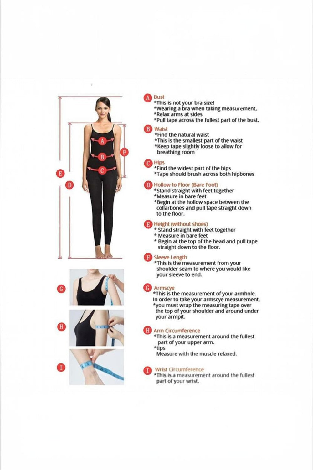 TheBlissWedding size measurement guide showing a woman demonstrating how to measure bust, waist, hips, and arm length.