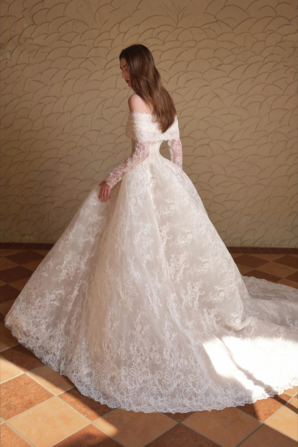 TheBlissWedding white off-shoulder A-line wedding dress with long lace sleeves and intricate floral lace appliques